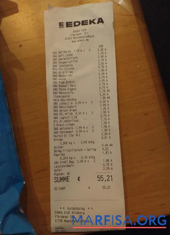Edeka supermarket Zahlung Quittung Probe