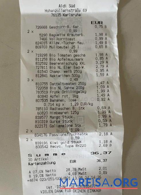 Deutschland Aldi Sud supermarket Zahlung Quittung Vorlage