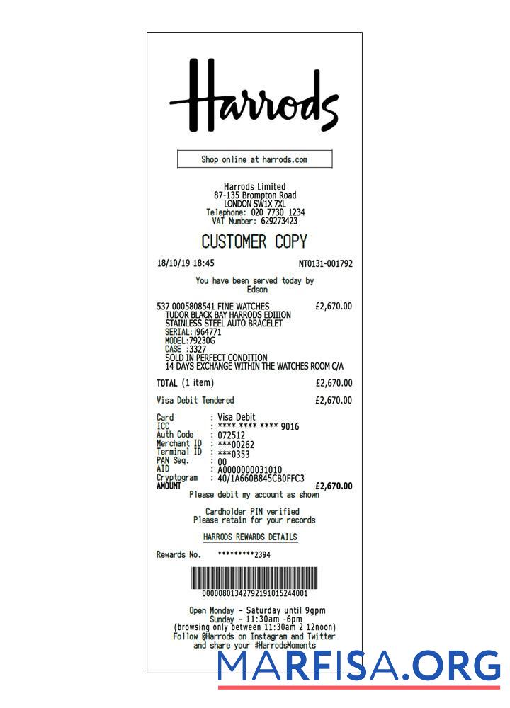 Harrods Zahlung Quittung Mockup