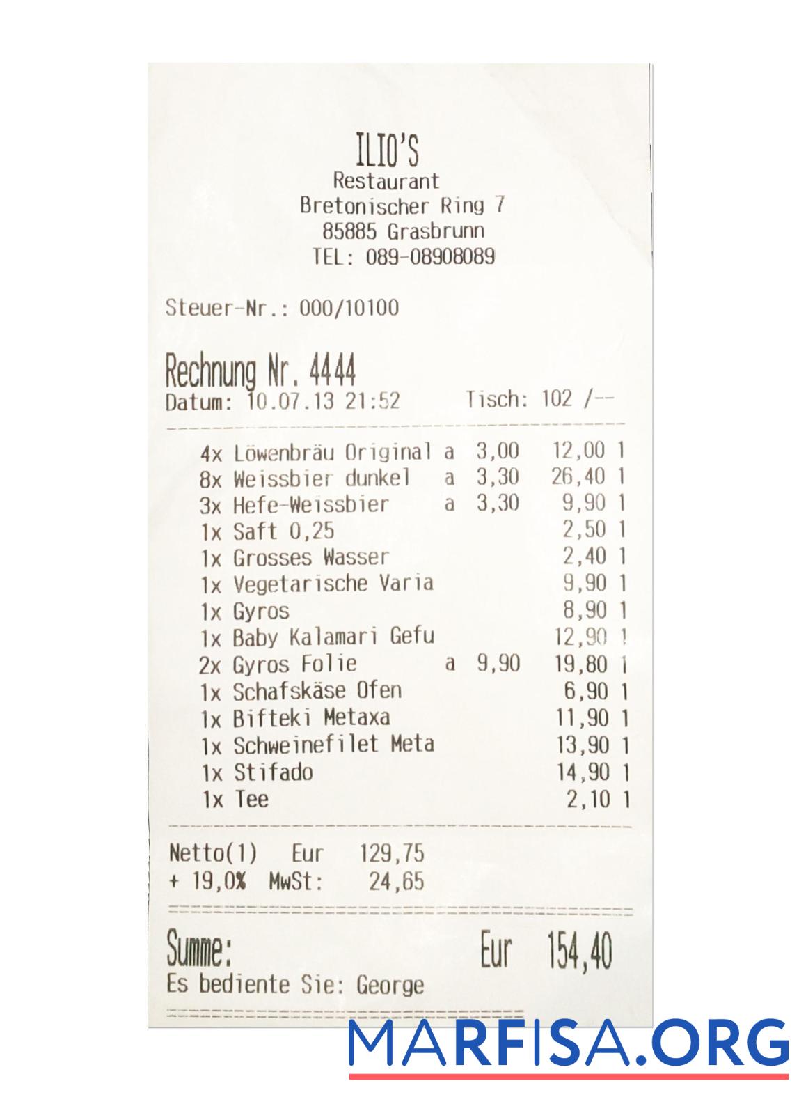 ILIO'S RESTAURANT Zahlung check Design