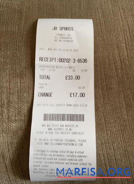 JD sports store Zahlung Quittung Vorschau