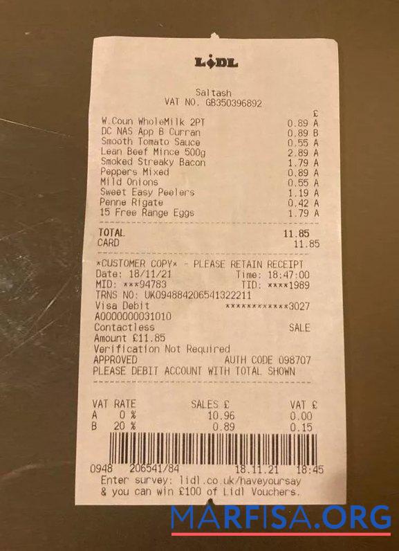 Lidl supermarket Zahlung Quittung Vorschau
