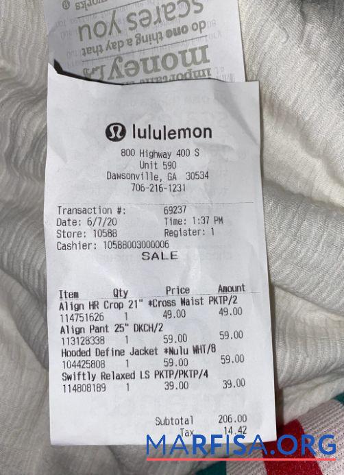 Lululemon store Zahlung Quittung Vorlage
