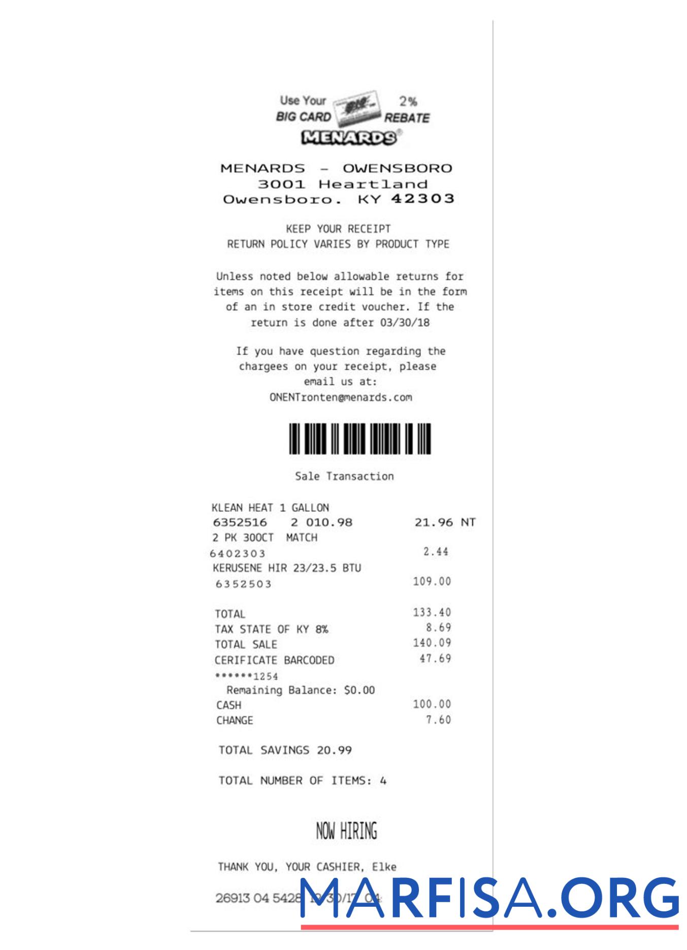 MENARDS Zahlung Quittung Vorschau