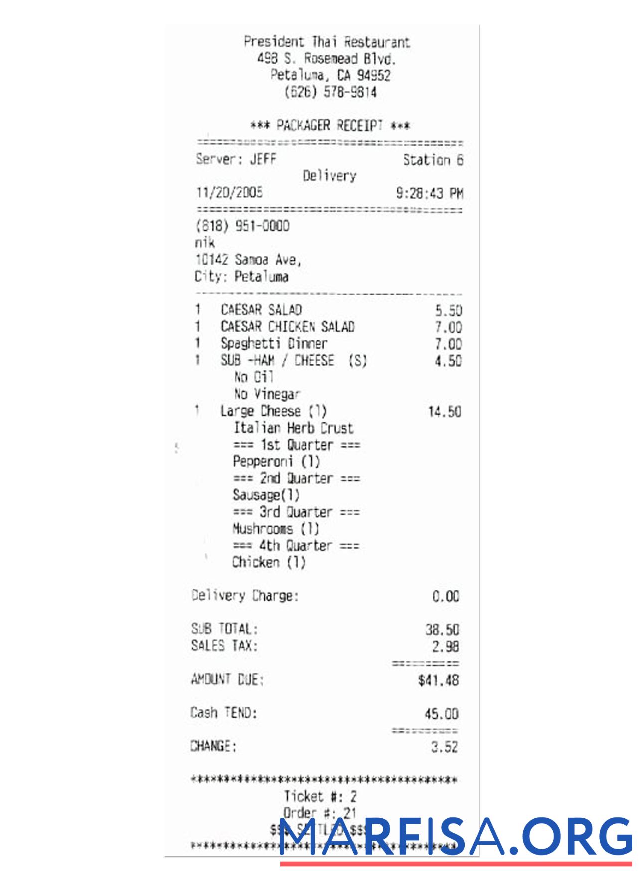 PRESIDENT THAI RESTAURANT Zahlung check Design