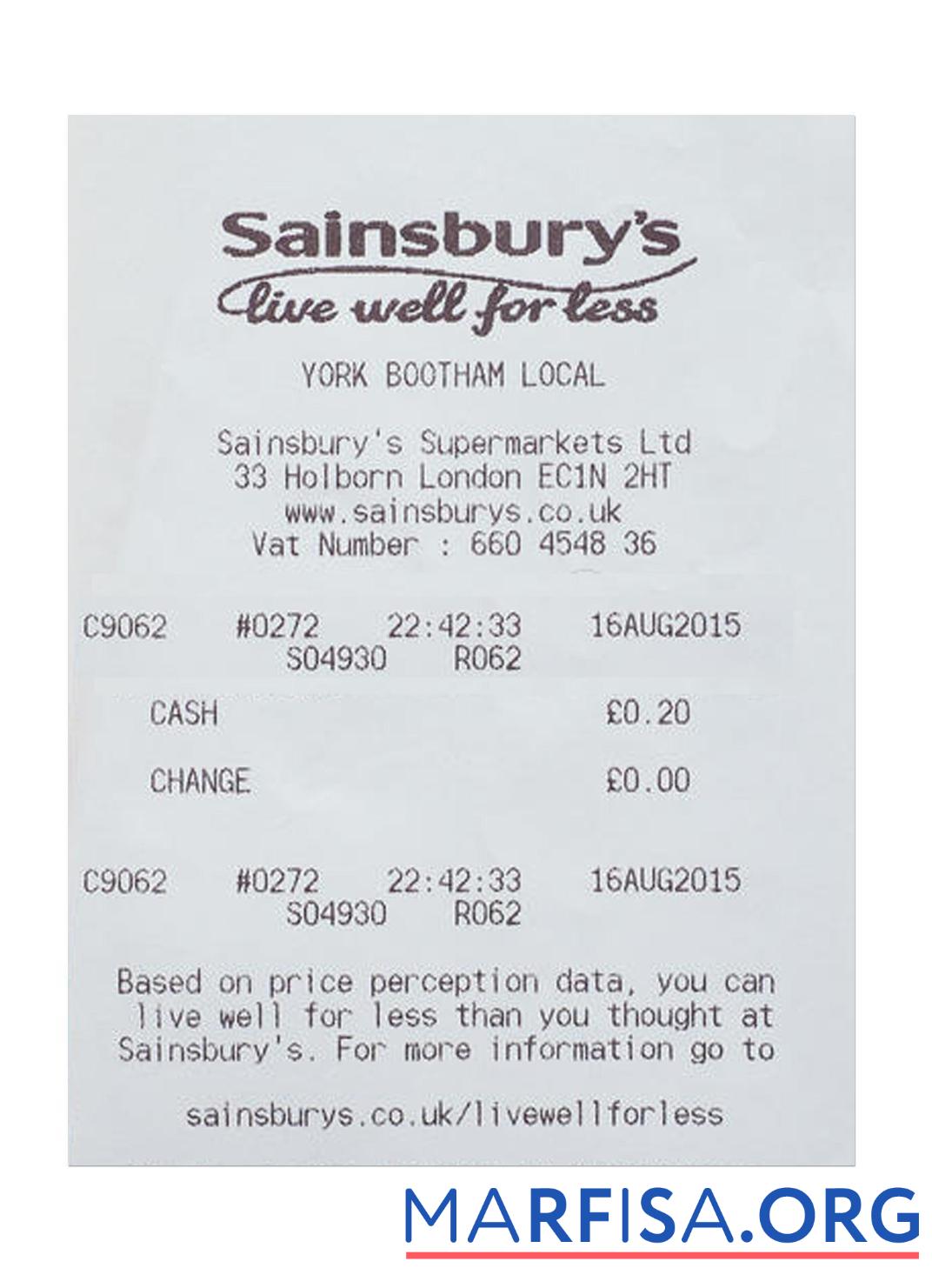 SAINSBURY'S Zahlung Quittung Mockup
