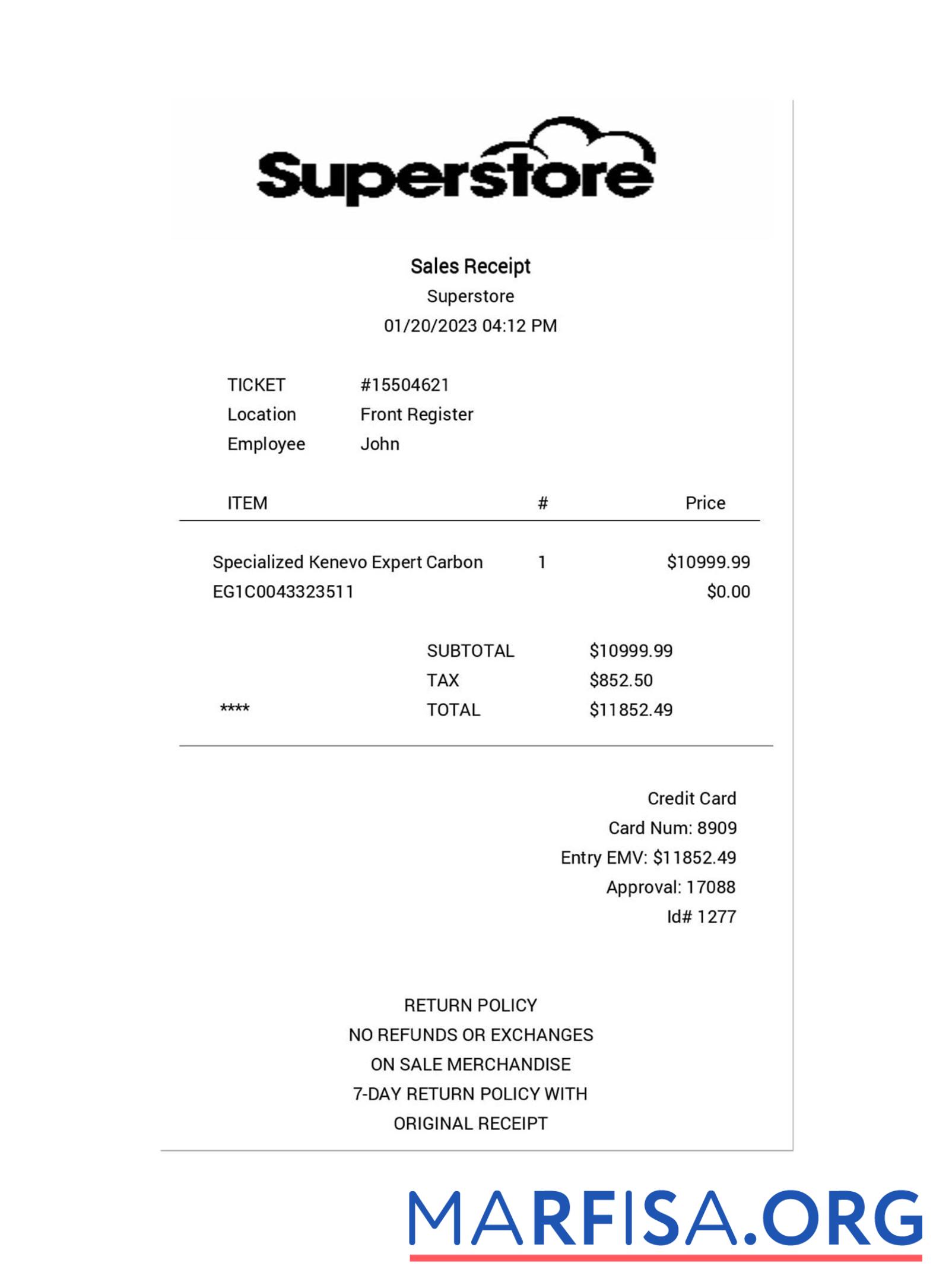 SUPERSTORE Zahlung Quittung Probe
