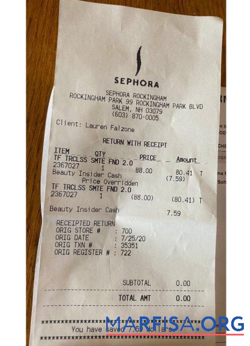 Sephora store Zahlung Quittung Probe