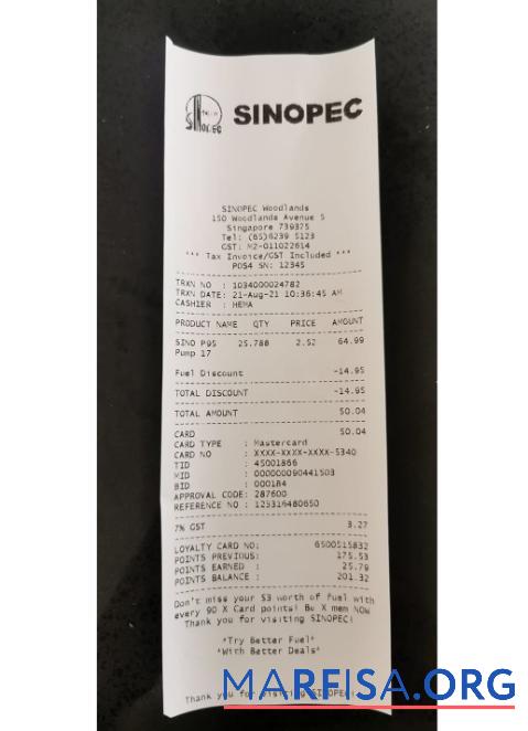Sinopec corporation Zahlung Quittung Probe