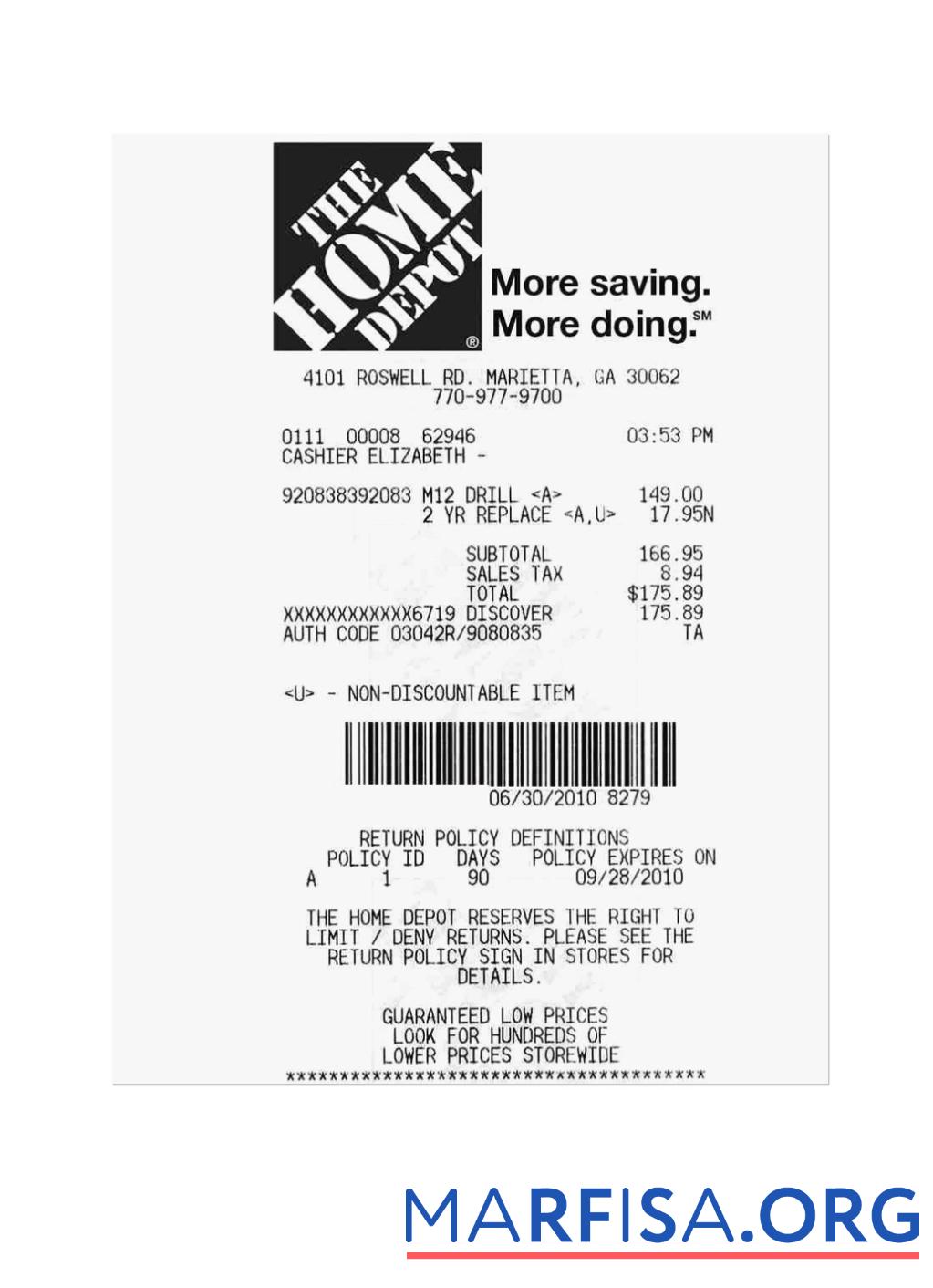 THE HOME DEPOT Zahlung Quittung Vorlage