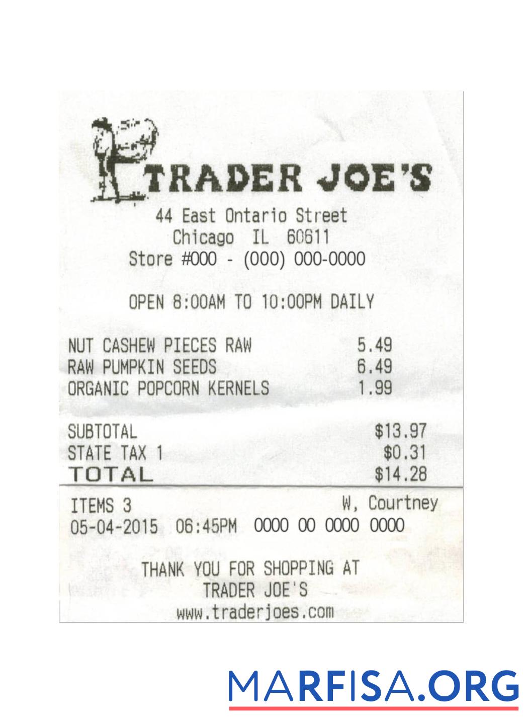 TRADER JOE'S cash Quittung Probe
