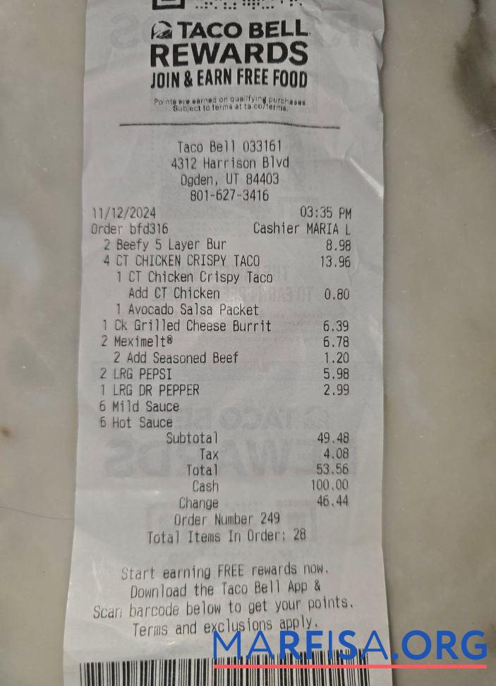 Taco Bell Rewards Zahlung Quittung Probe