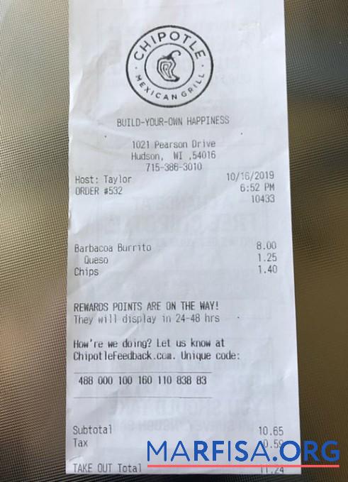 USA Chipotle restaurant Zahlung Quittung Probe