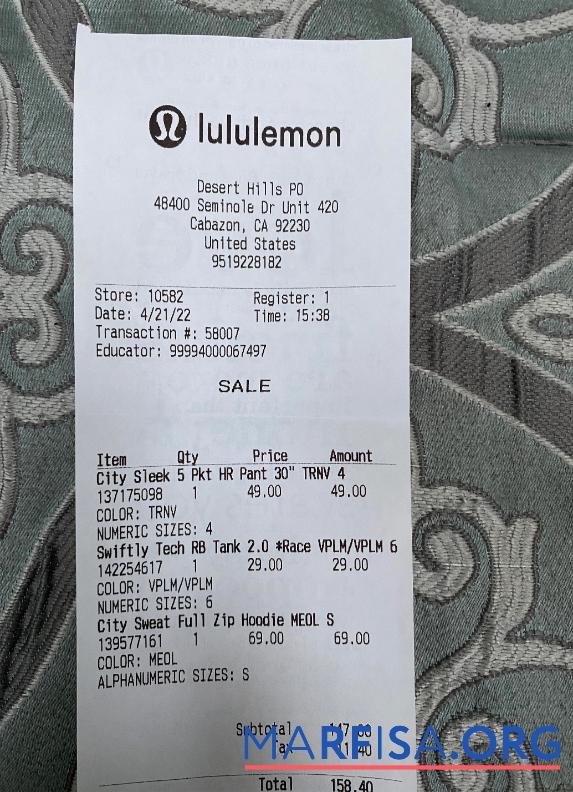 USA Lululemon shop Zahlung Quittung Mockup