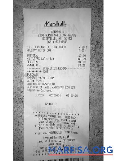 USA Marshalls store Zahlung Quittung Vorschau