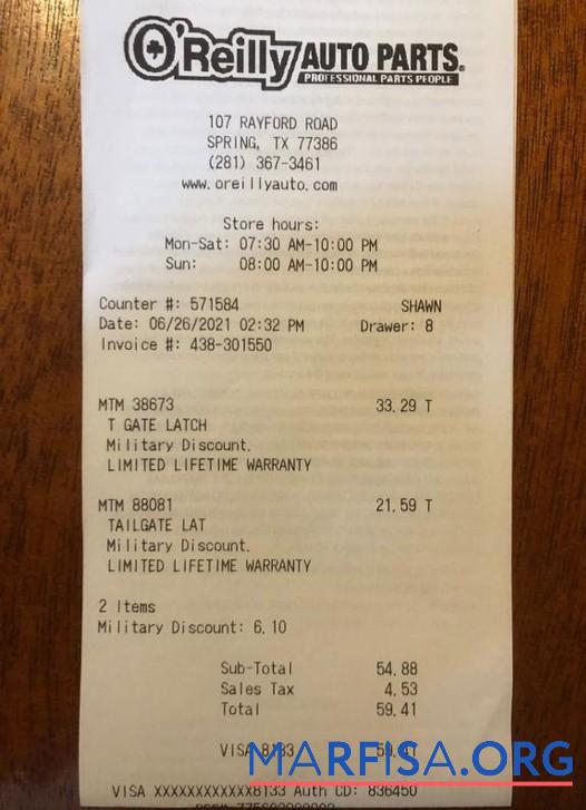 USA O'Reilly auto parts Zahlung Quittung Vorschau