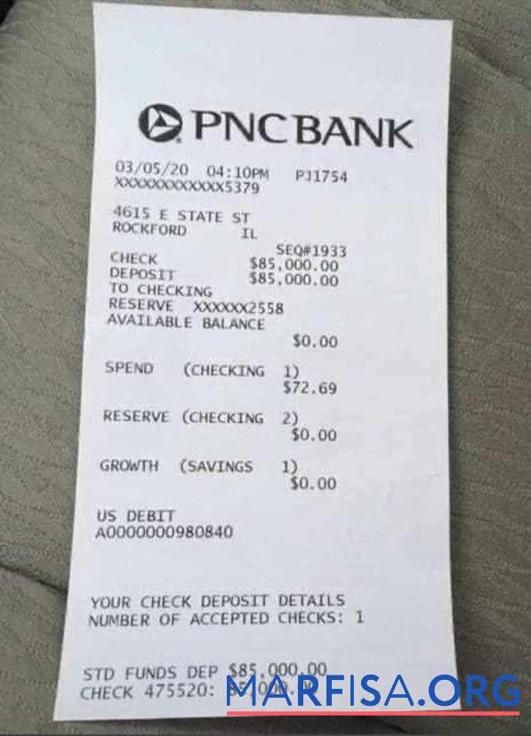USA PNC Bank Zahlung Quittung Probe