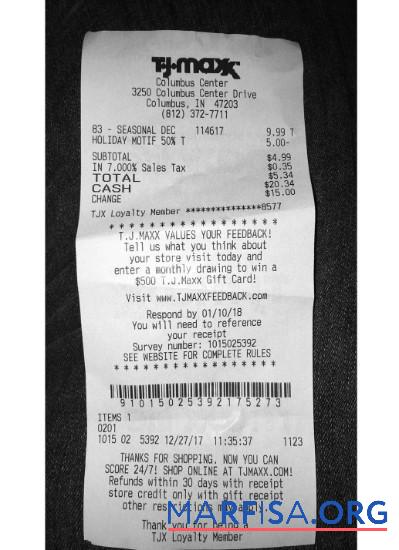 USA TJ Maxx store Zahlung Quittung Probe