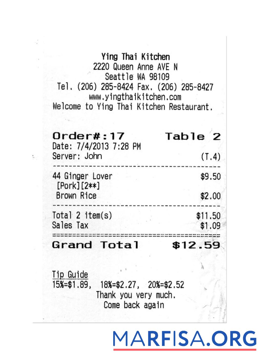 YING THAI KITCHEN Zahlung check Vorlage