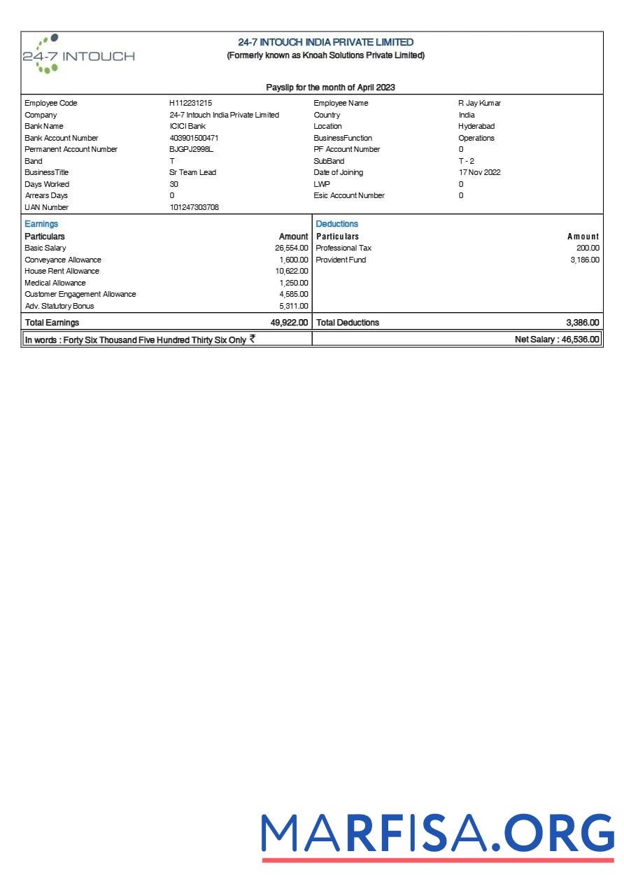 24 7 Intouch Индия payslip образец