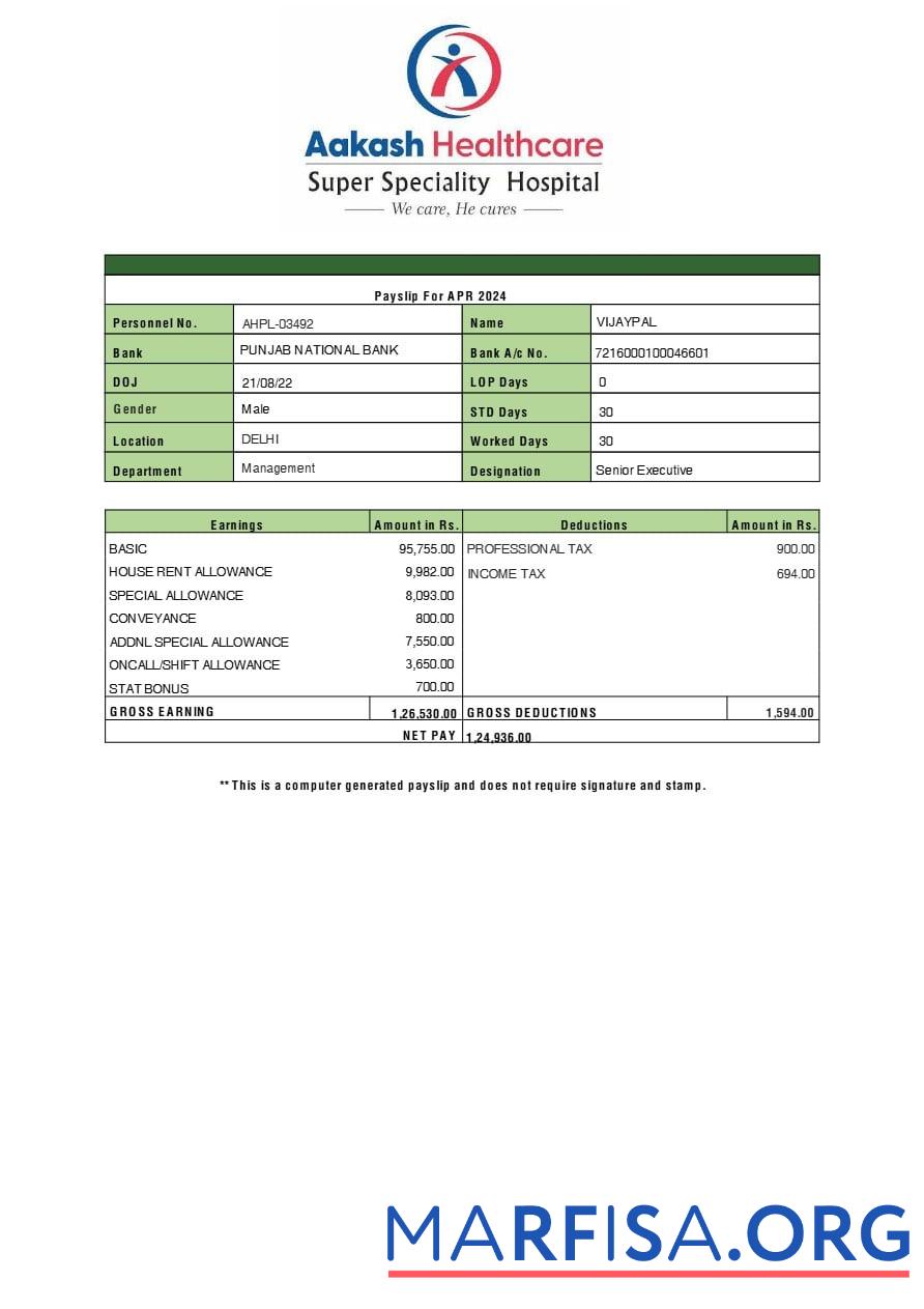 Aakash Healthcare payslip дизайн
