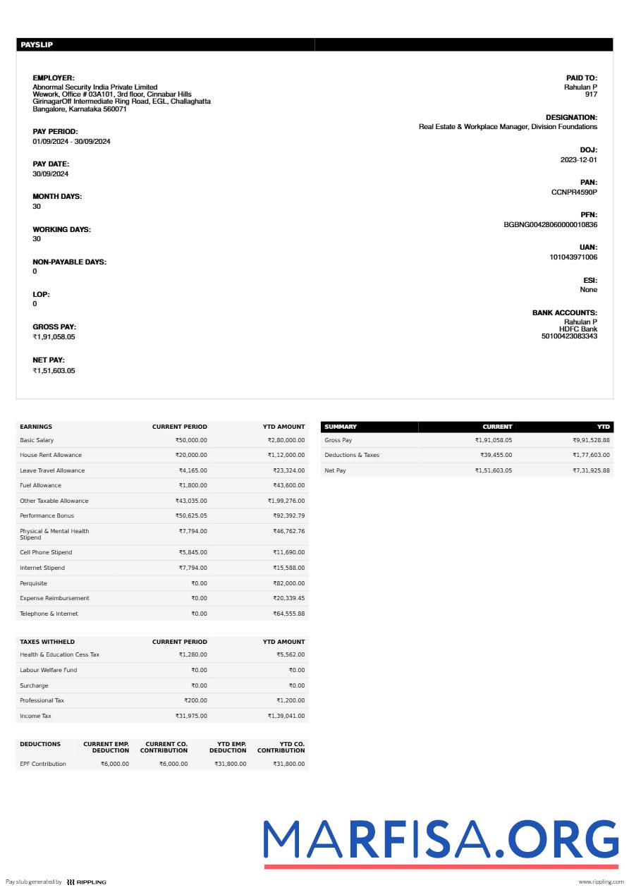 Abnormal Security Индия Private Limited payslip предпросмотр