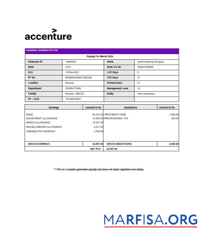 Accenture Solutions payslip предпросмотр