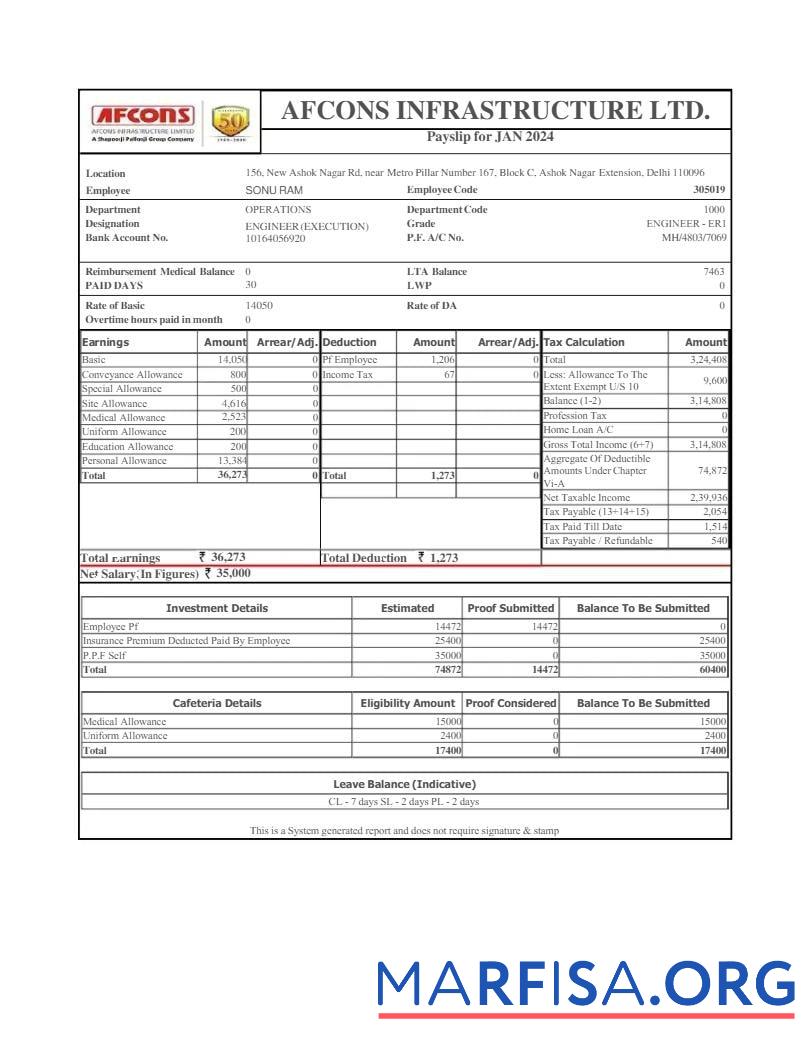 Afcons Infrastructure payslip образец