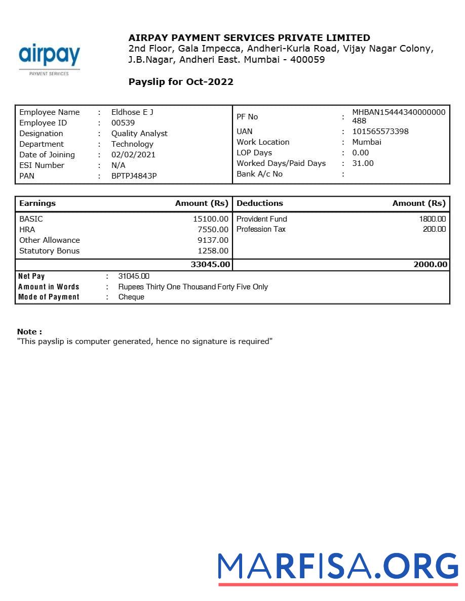 Airpay Платёж Services payslip шаблон