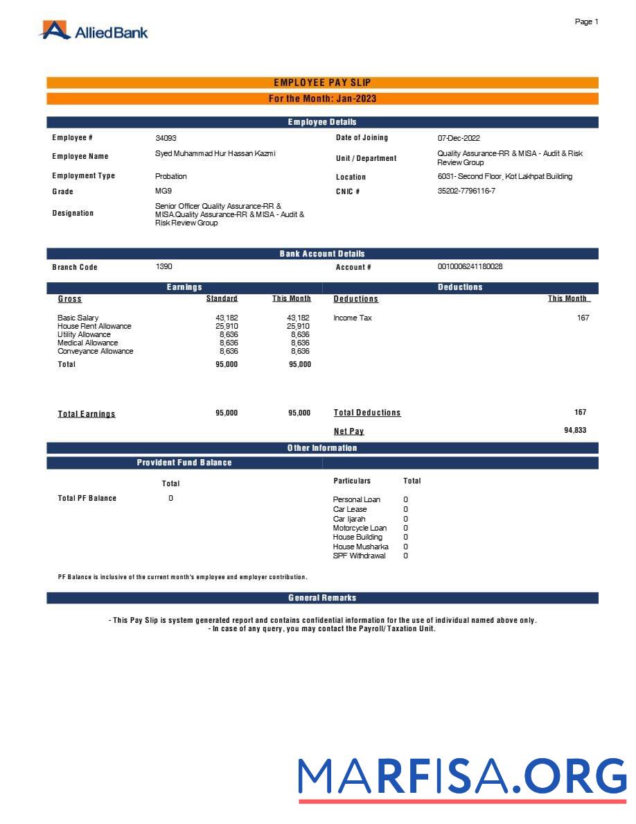 Allied Банковский employee payslip дизайн