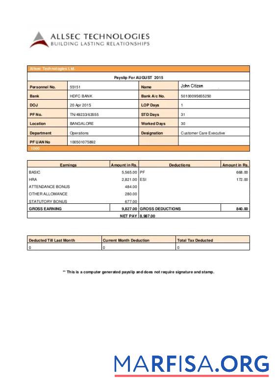 Allsec Building technologies payslip шаблон