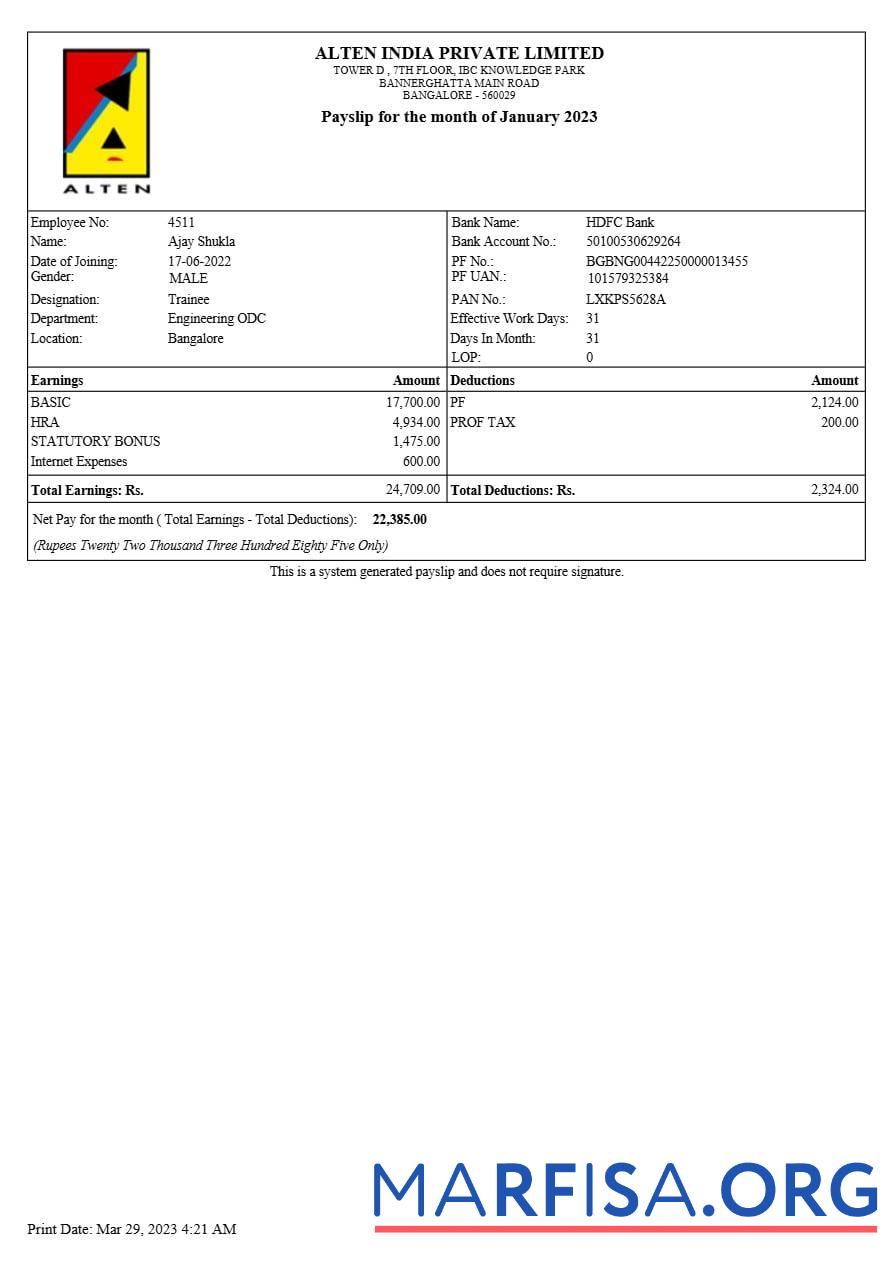 Alten Индия payslip макет