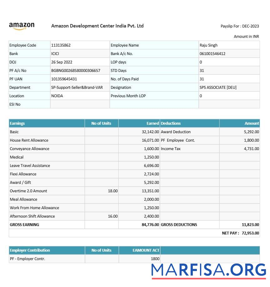 Amazon Development Center Индия payslip предпросмотр
