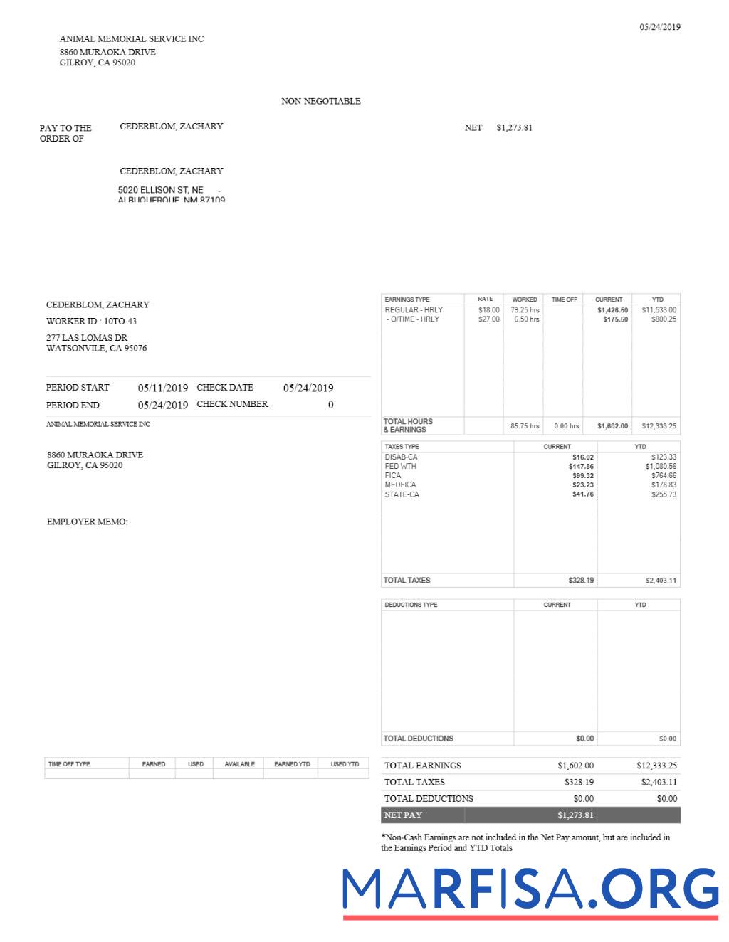 Animal Memorial Услуга INC pay stub шаблон