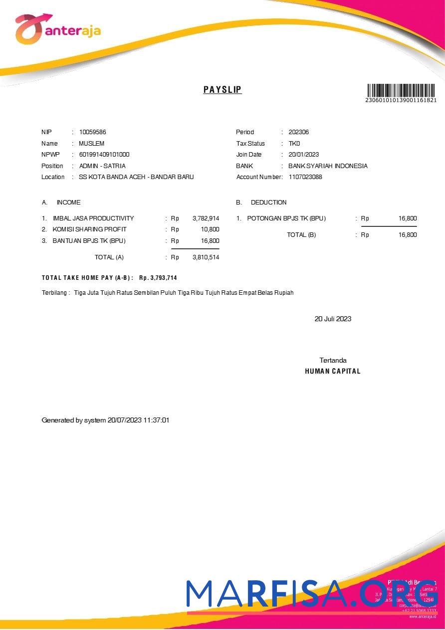 Anteraja tech services payslip предпросмотр