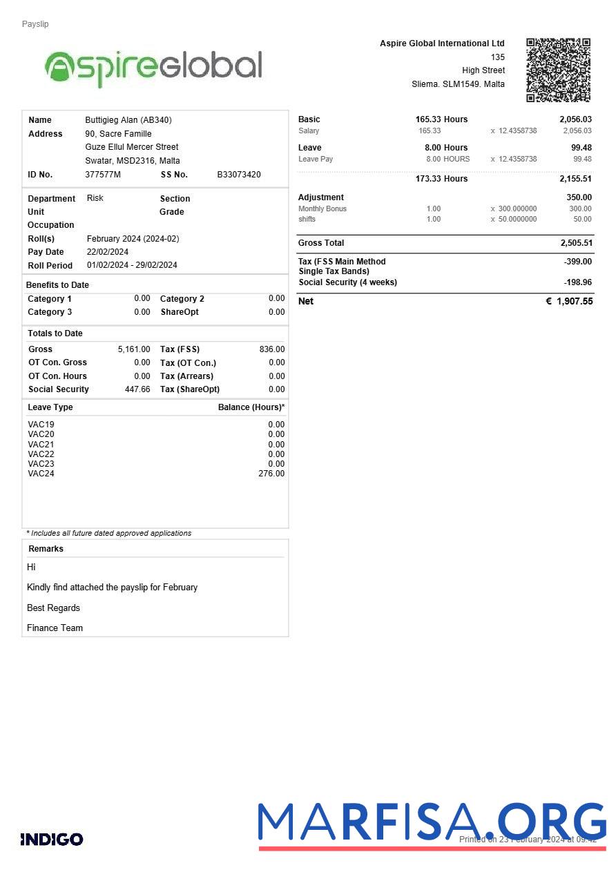 Aspire Global International payslip предпросмотр