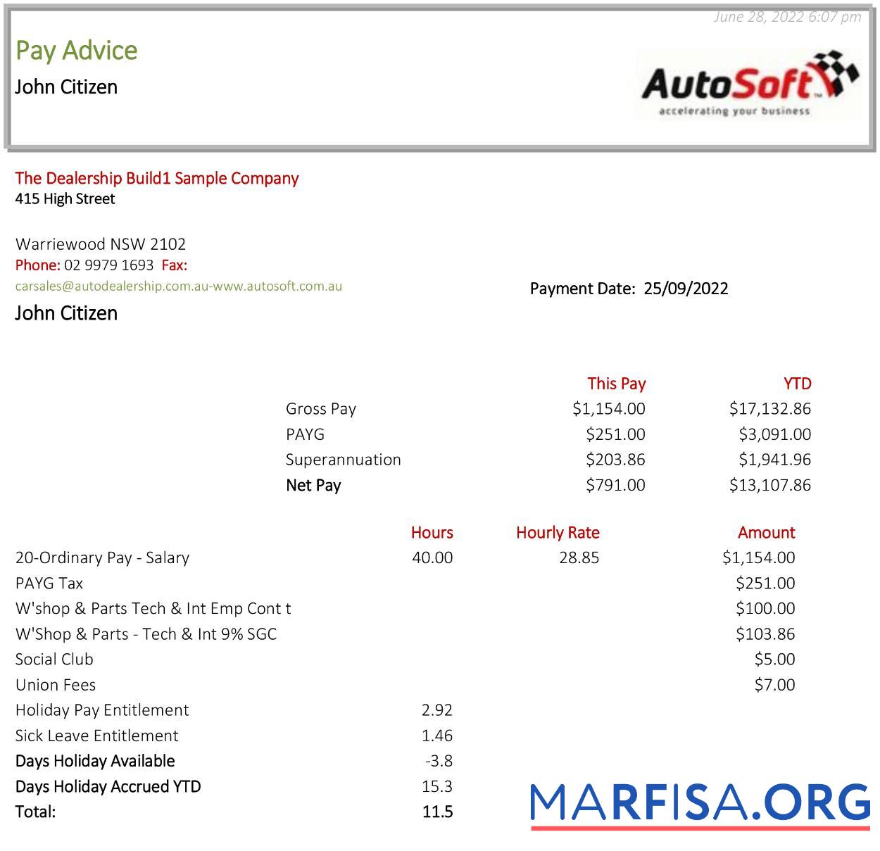 Австралия NSW AutoSoft payslip дизайн
