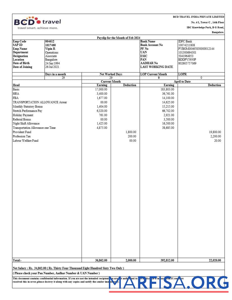 BCD Путешествие Индия payslip макет
