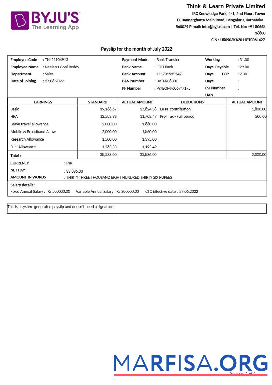 BYJU s learning app payslip предпросмотр