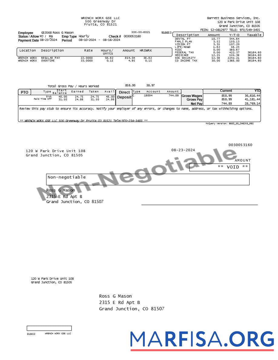 Barrett Бизнес Services employee pay stub макет