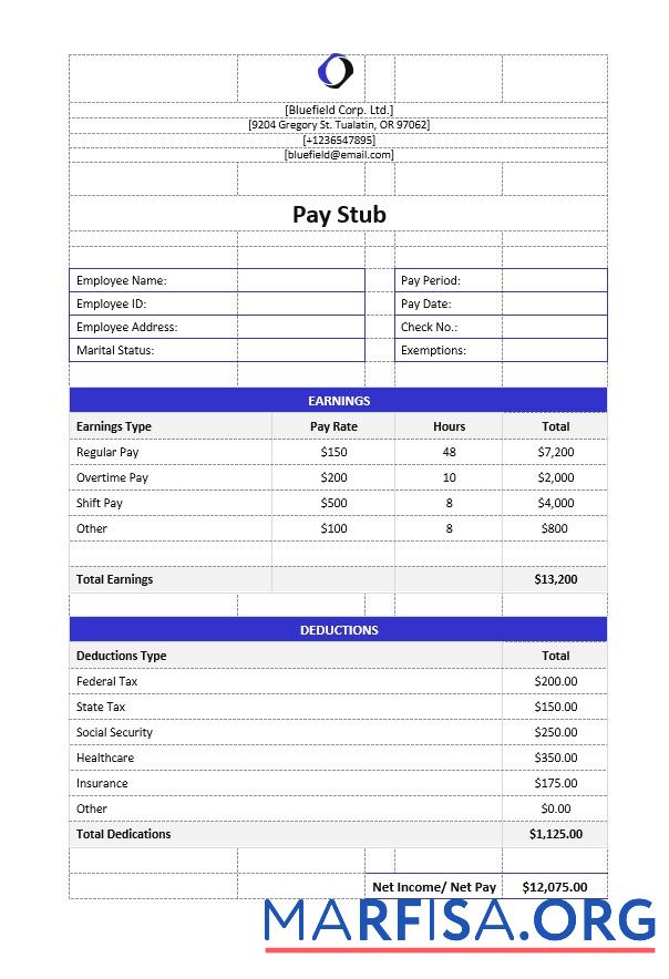 Bluefield Corp. Ltd pay stub макет