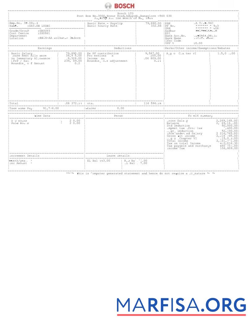 Bosch LTD payslip образец