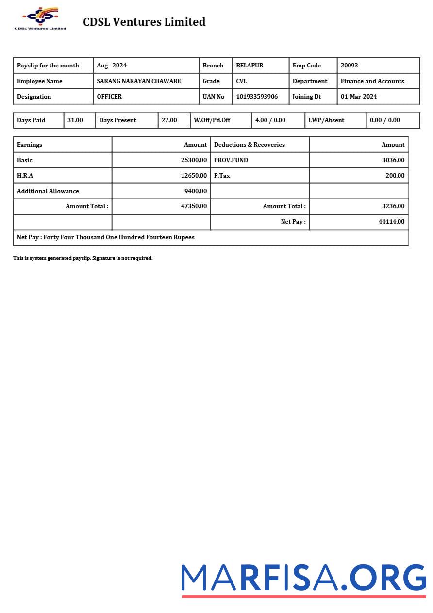 CDSL Ventures Limited payslip предпросмотр