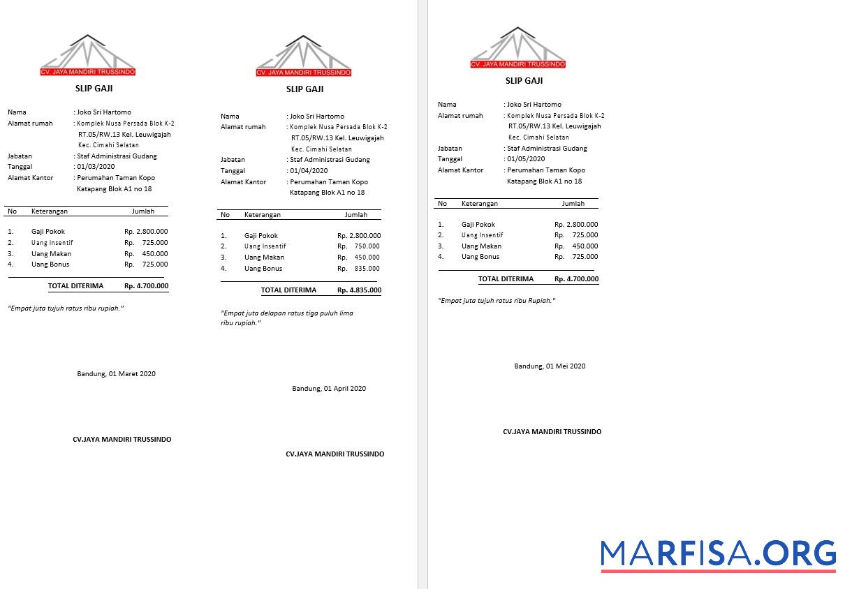 Резюме. Jaya Mandiri Trussindo building materials store payslip (in Indonesian language) образец