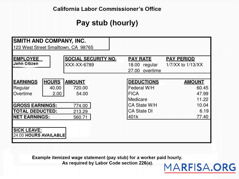 California Labor Commissioner's office paystub шаблон