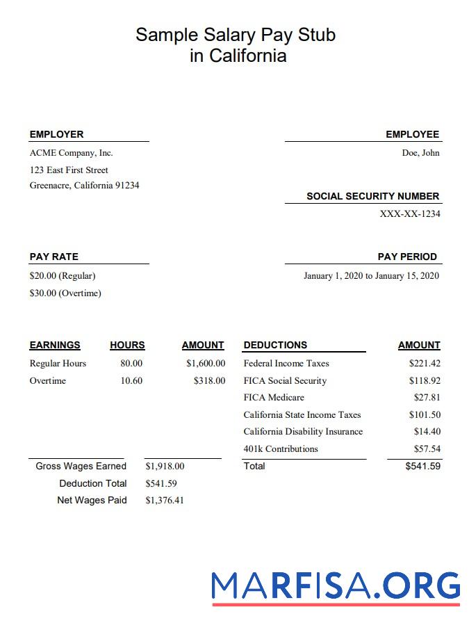 California salary pay stub макет