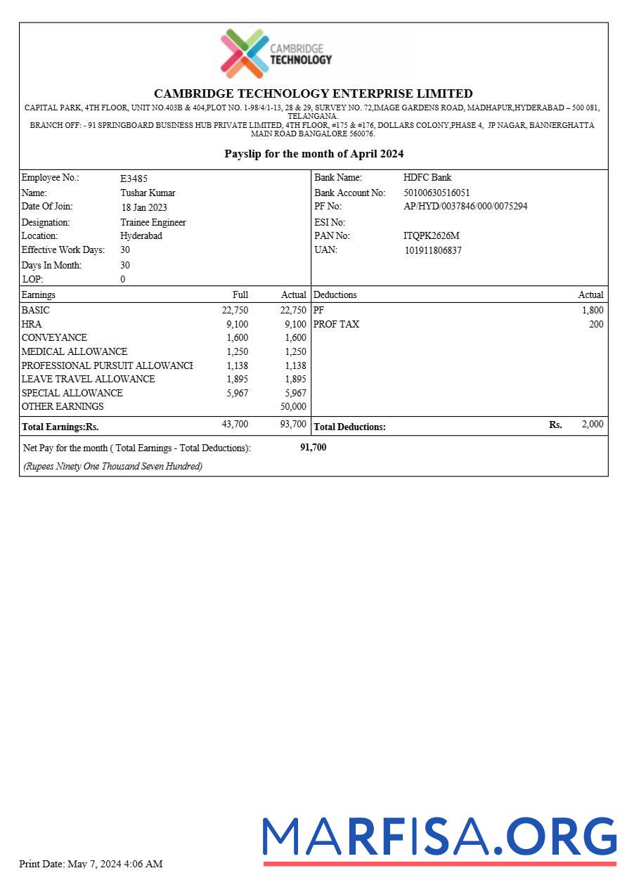 Cambridge Технология Enterprises payslip дизайн