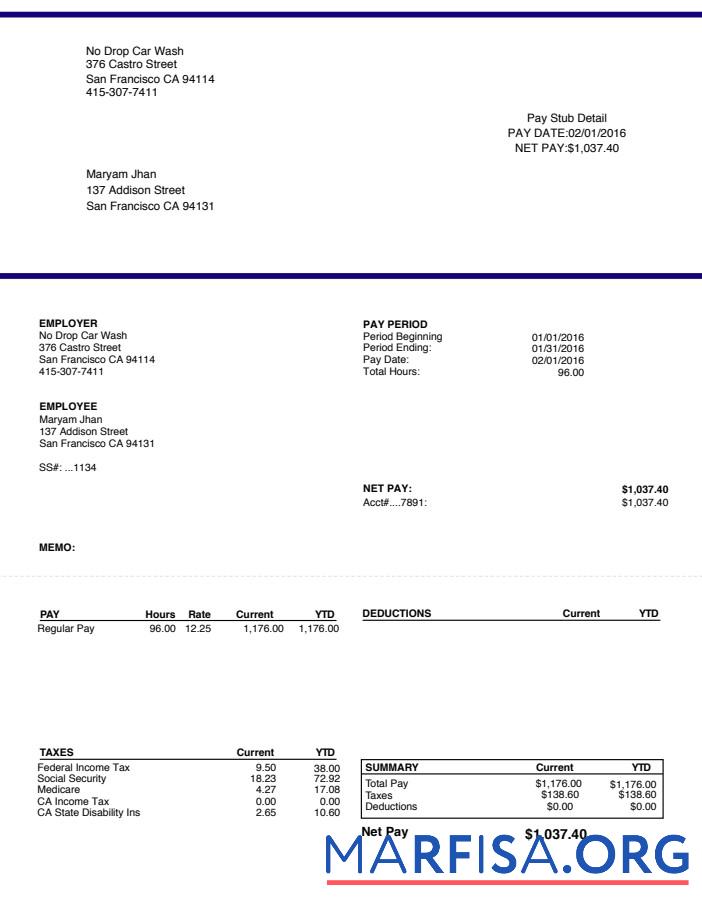 Car Wash Paystub предпросмотр
