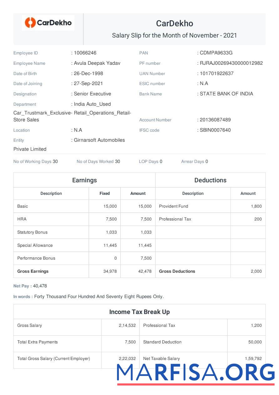 CarDekho payslip дизайн