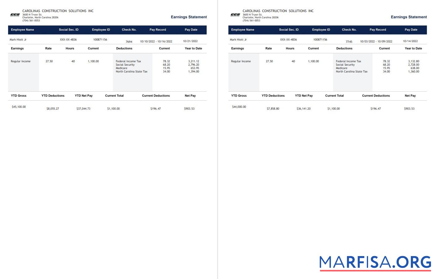 Carolinas Construction Solutions Paystub макет